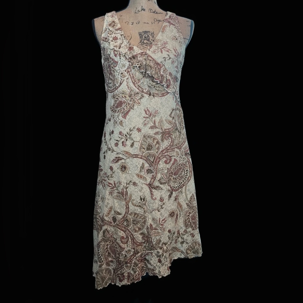 Asymmetrical Sleeveless Dress in Cream with Rose Paisley Print